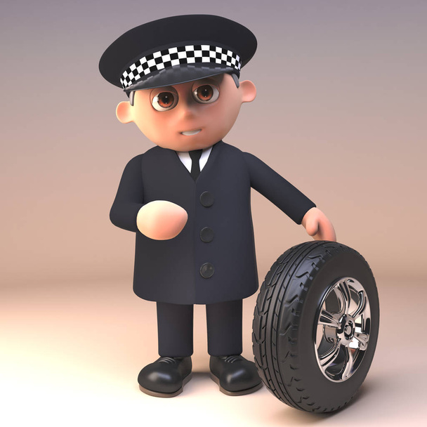 Serious policeman police officer character is checking the tread depth of a car tyre, 3d illustration - Photo, Image