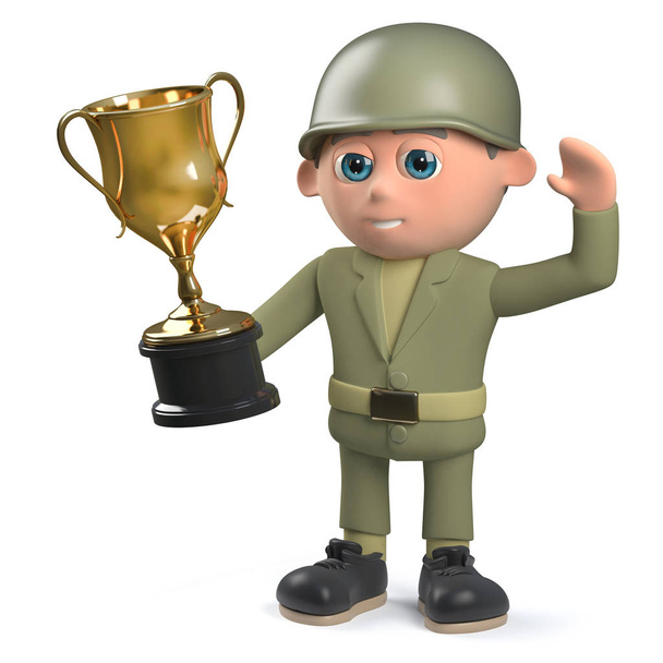 Cartoon 3D Armia żołnierz postać trzyma Złoty Puchar trofeum Award - Zdjęcie, obraz