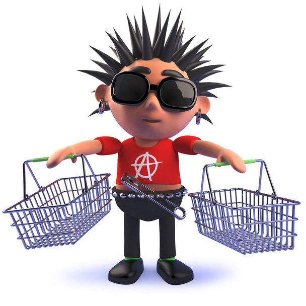 Punk personaggio dei cartoni animati rocker che tiene i cestini della spesa in 3d
 - Foto, immagini