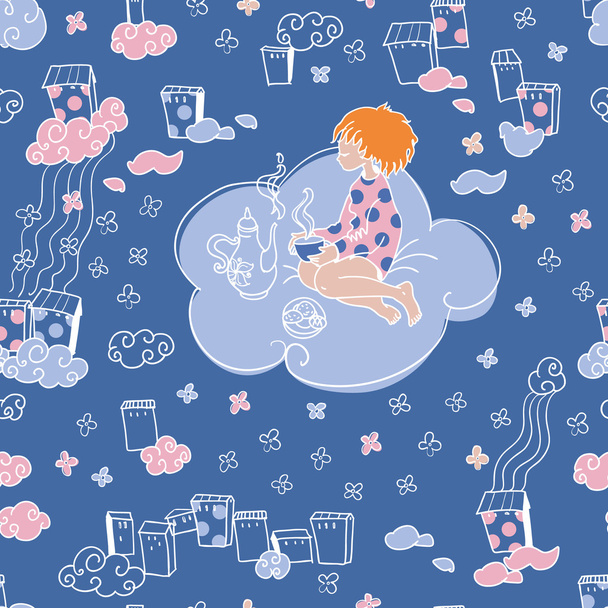 naadloze patroon met een meisje op een wolk - Vector, afbeelding