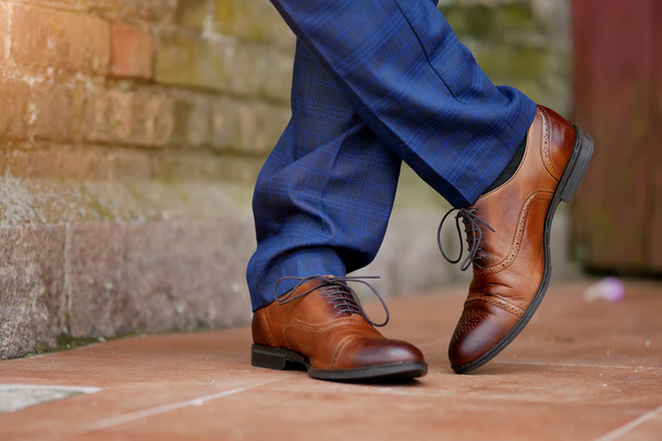 stylish brown men's shoes close-up - 写真・画像