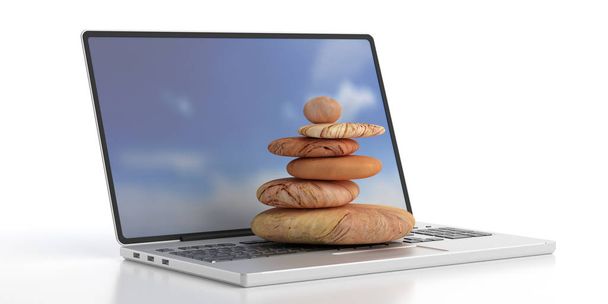 Pedras Zen em um computador isolado no fundo branco. ilustração 3d
 - Foto, Imagem
