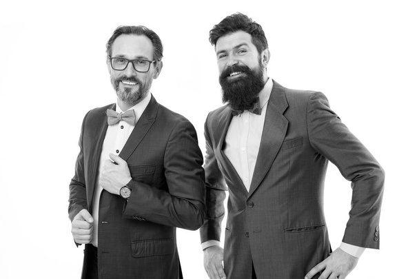 Inspired to work hard. Men entrepreneurs white background. Business team. Business people concept. Men bearded wear formal suits. Well groomed business men. Successful partnership. Achieve success - Foto, Bild