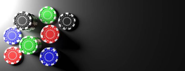 Casino poker chips on black background, banner, copy space. 3d illustration - Photo, Image