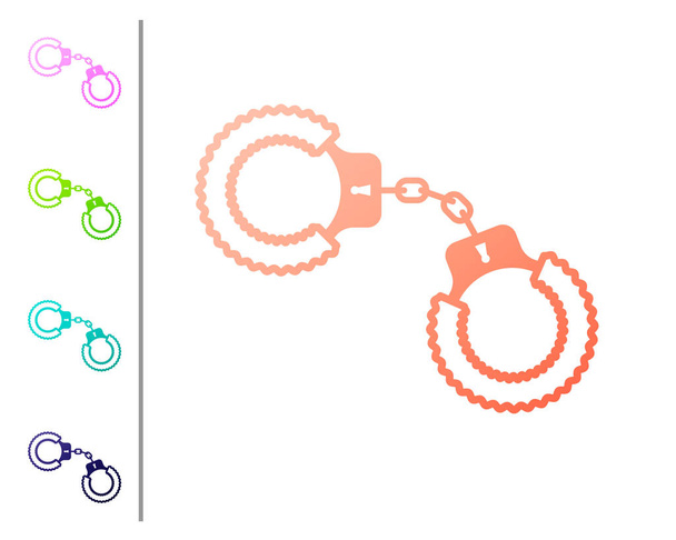 Coral Sexy fluffy handcuffs icon isolated on white background. Handcuffs with fur. Fetish accessory. Sex shop stuff for sadist and masochist. Set color icons. Vector Illustration - Vector, Image