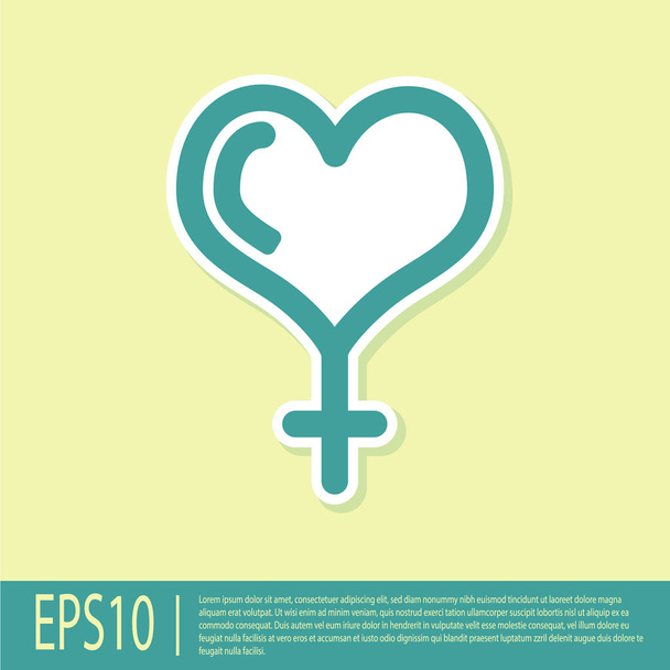 grünes weibliches Geschlechtssymbol und Herzsymbol isoliert auf gelbem Hintergrund. Venussymbol. das Symbol für einen weiblichen Organismus oder eine Frau. Vektorillustration - Vektor, Bild