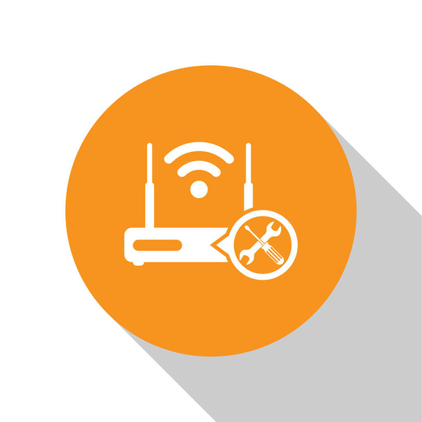 ドライバーとレンチアイコンが白い背景に隔離されたホワイトルータのWi-Fi。調整、サービス、設定、メンテナンス、修理、固定。オレンジ色の円ボタン。ベクトルイラストレーション - ベクター画像