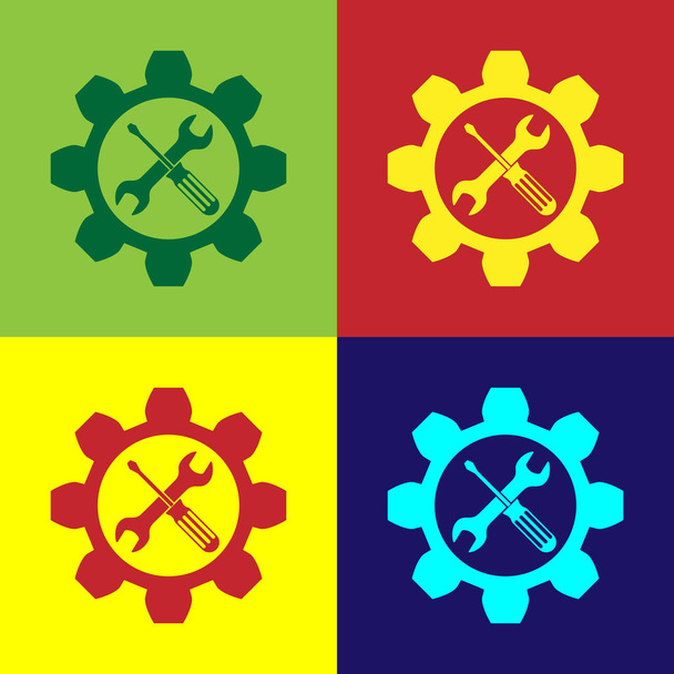 Symbole d'entretien des couleurs - clé et tournevis dans l'icône d'engrenage isolés sur fond de couleur. Symbole d'outil de service. Illustration vectorielle
 - Vecteur, image