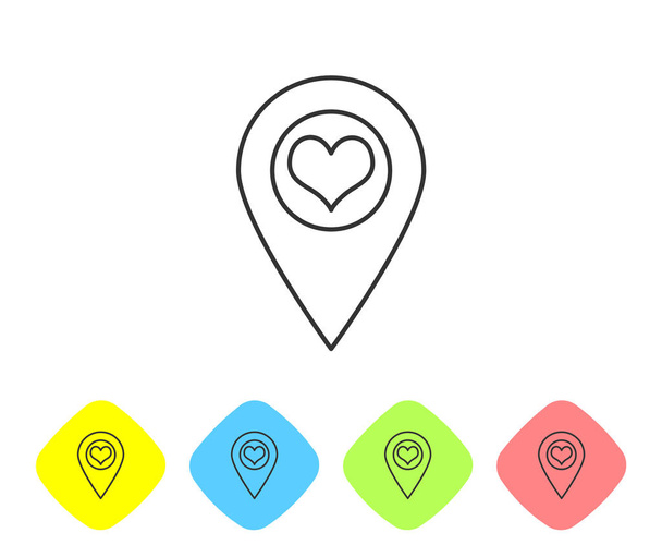 Línea gris Puntero de mapa con icono del corazón aislado sobre fondo blanco. Establecer icono en los botones de rombo de color. Ilustración vectorial
 - Vector, Imagen