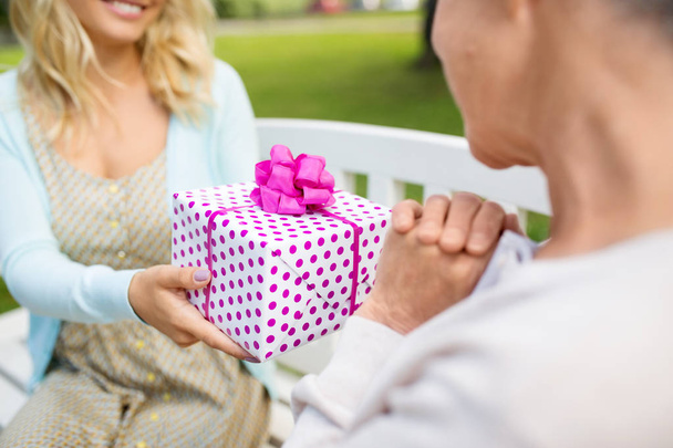 daughter giving present to senior mother at park - Photo, Image