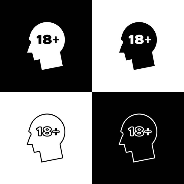 Menschenkopf mit der Aufschrift 18 plus Icon isoliert auf schwarz-weißem Hintergrund. 18 plus Content-Zeichen. Erwachsene begnügen sich nur mit Symbolen. Vektorillustration - Vektor, Bild