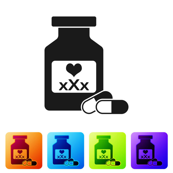 Черная бутылка медицины с таблетками для потенции, афродизиак значок изолирован на белом фоне. Секс таблетки для мужчин и женщин. Установите значок в цветные квадратные кнопки. Векторная миграция
 - Вектор,изображение
