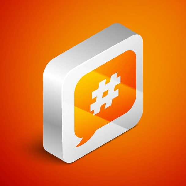 Isometric Hashtag speech bubble icon isolated on orange background. Concept of number sign, social media marketing, micro blogging. Silver square button. Vector Illustration - Vettoriali, immagini