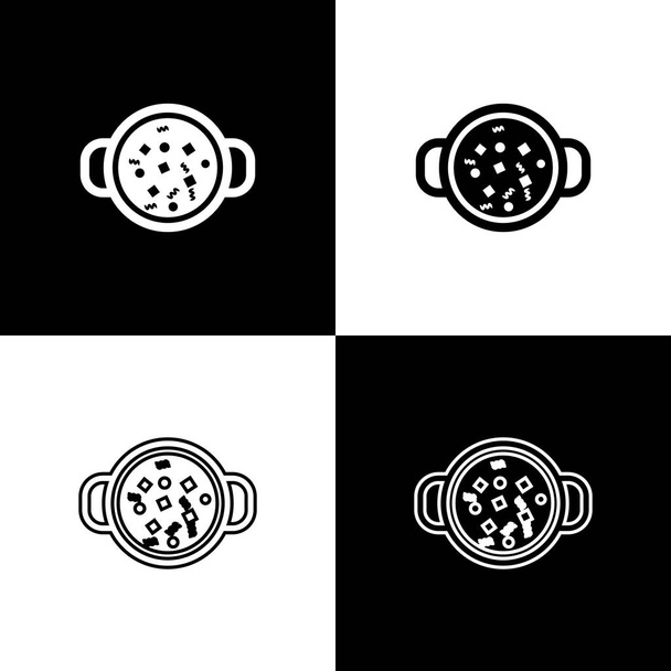 Set Kochsuppe in Topf Symbol isoliert auf schwarz-weißem Hintergrund. Essen kochen oder schmoren. Vektorillustration - Vektor, Bild