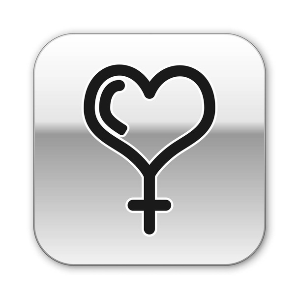 schwarzes weibliches Geschlechtssymbol und Herzsymbol isoliert auf weißem Hintergrund. Venussymbol. das Symbol für einen weiblichen Organismus oder eine Frau. Silberner quadratischer Knopf. Vektorillustration - Vektor, Bild