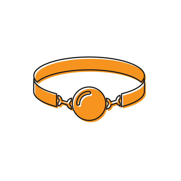 白い背景に隔離された革のベルトアイコンを持つオレンジ色のシリコーンボールギャグ。フェティッシュアクセサリー。男性と女性のためのセックスおもちゃ。ベクトルイラストレーション - ベクター画像