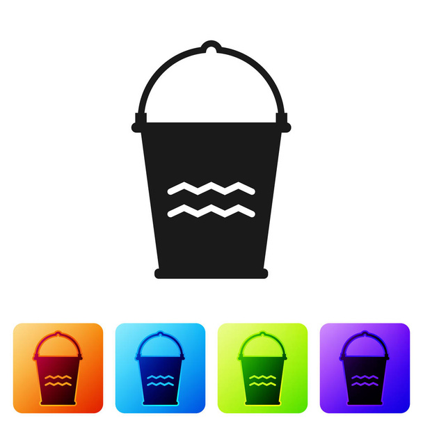 Ikona černého kbelíku je izolovaná na bílém pozadí. Nastavte ikonu v barevných hranových tlačítkách. Vektorová ilustrace - Vektor, obrázek