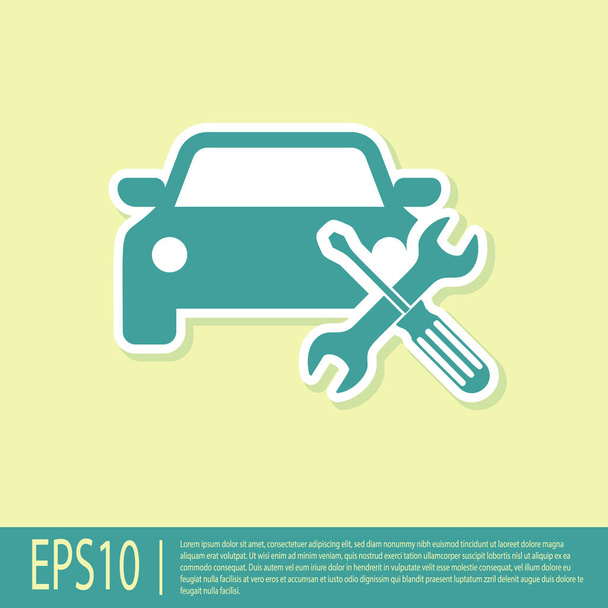 Green Car with screwdriver and wrench icon isolated on yellow background. Adjusting, service, setting, maintenance, repair, fixing. Vector Illustration - Vector, Image