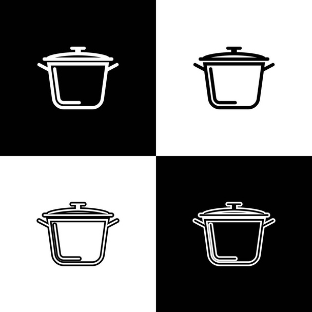 Ορίστε το εικονίδιο του μαγειρικό δοχείο απομονωμένο σε μαύρο και άσπρο φόντο. Σύμβολο βρασμού ή βραστό φαγητό. Απεικόνιση διανυσματικών φορέων - Διάνυσμα, εικόνα