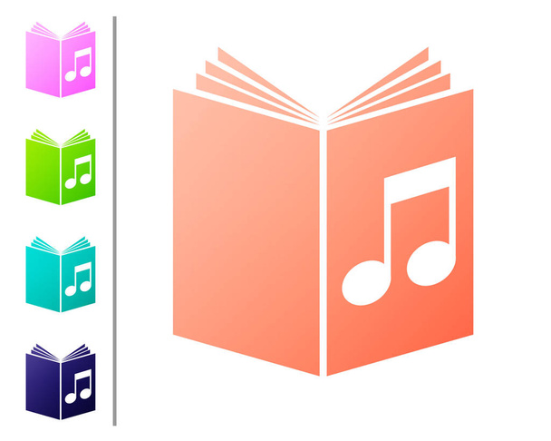 Coral audio Book ikona na białym tle. Nuty muzyczne z książką. Znak przewodnika audio. Koncepcja uczenia się online. Ustawianie ikon kolorów. Ilustracja wektorowa - Wektor, obraz
