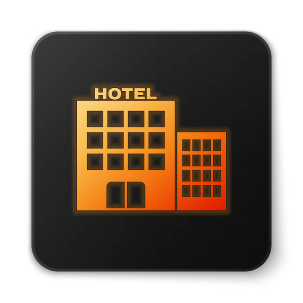 オレンジ色の輝くホテルの建物のアイコンは、白い背景に隔離されています。黒い正方形のボタン。ベクトルイラストレーション - ベクター画像