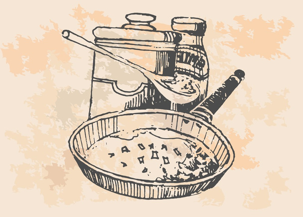 Курка в сковороді - Ретро Кліпарт Ілюстрація
 - Вектор, зображення