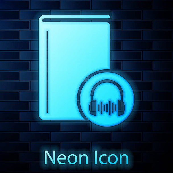 Icona luminosa al neon Audio book isolato su sfondo muro di mattoni. Prenota con le cuffie. Segnale audio guida. Concetto di apprendimento online. Illustrazione vettoriale - Vettoriali, immagini