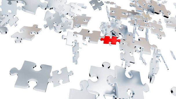 viele graue Puzzleteile im Chaos mit einem roten Teil  - Foto, Bild