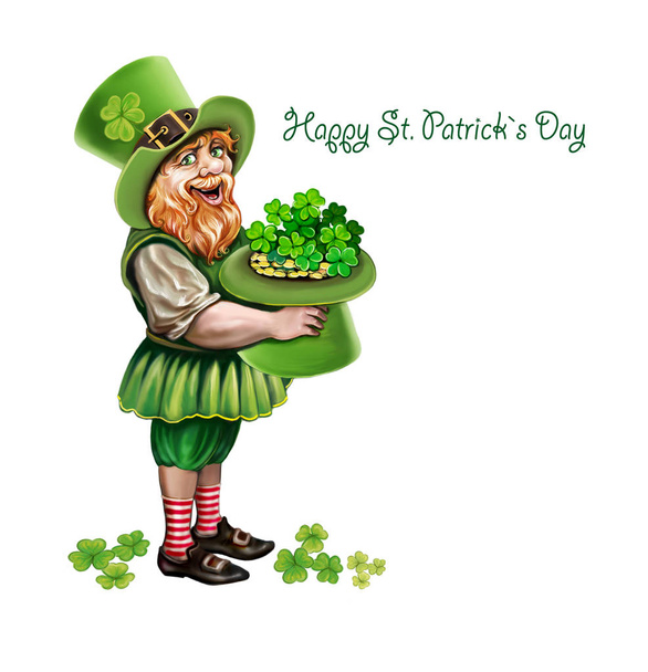 leprechaun in green hat with shamrock and gold coins in hands, congratulation on Valentine's Day, isolated character on white background - Photo, Image