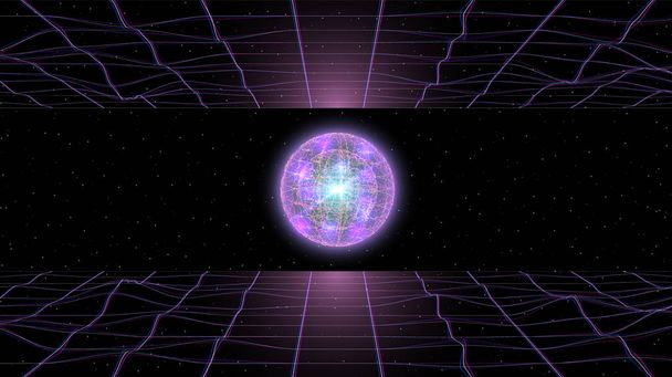 Retrowave sinthwave vaporwave paesaggio nello spazio tra due griglie laser e fresco fantastica sfera luminosa sopra l'orizzonte
. - Vettoriali, immagini