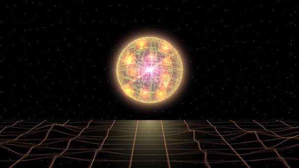 Retrowave paisaje de onda sintética vaporwave en el espacio con rejilla láser y fría esfera brillante amarillo fantástico por encima del horizonte
. - Vector, Imagen