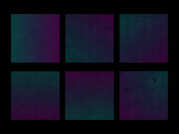Conjunto de quadrado de partículas e linhas em neon cores vivas sobre fundo preto
. - Vetor, Imagem
