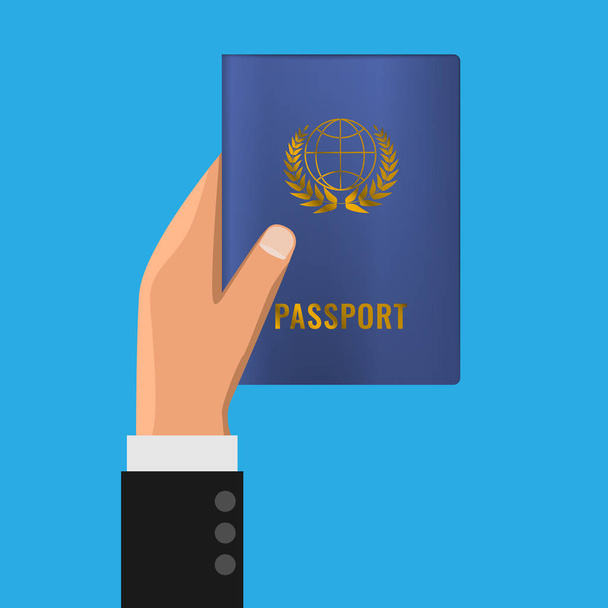Паспорт в руке. Человек держит в руке паспорт для путешествий и туризма. Векторная иллюстрация
. - Вектор,изображение