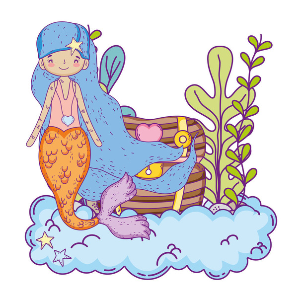 roztomilá mořská panna s podmořským hrudníkem - Vektor, obrázek