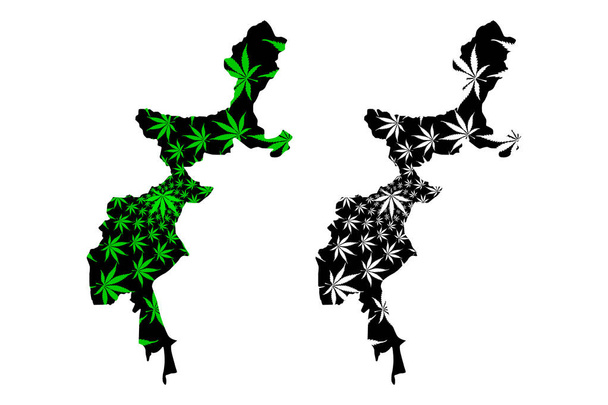 Mapa de Áreas Tribais Administradas Federalmente (República Islâmica, Província e Distritos) é projetado folha de cannabis verde e preto, sete agências tribais mapa feito de maconha (maconha, THC) folhagem
 - Vetor, Imagem