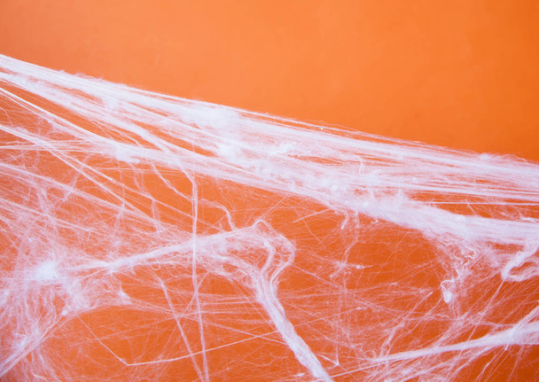 Halloween creepy cobweb spiders web with an orange background - Photo, Image
