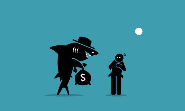 Rekin pożyczki i biedny człowiek. Grafika wektorowa przedstawia rekina pożyczki, próbując pożyczyć pieniądze osobie, która ma trudności finansowe. Człowiek jest wahał się i nie ma pewności, czy chce pożyczyć pieniądze.  - Wektor, obraz