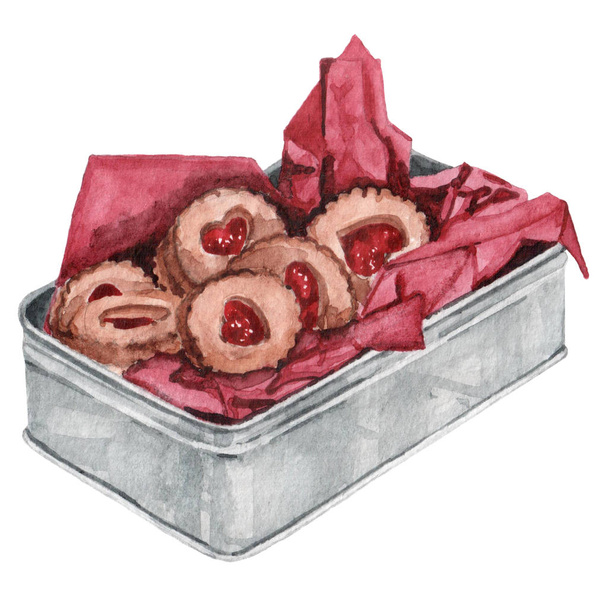 Conjunto de aquarela de diferentes cookies valentine com geléia em caixa de metal. Coração em forma e redondo. Símbolo romântico
. - Foto, Imagem