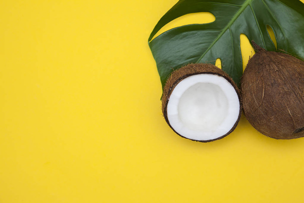 Tropische zomer kokosnoot achtergrond. halve en hele kokosnoten op een - Foto, afbeelding