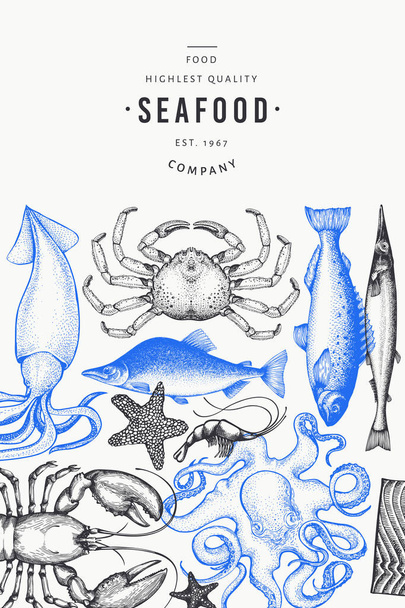 Seafood and fish design template. Hand drawn vector illustration - Vektori, kuva