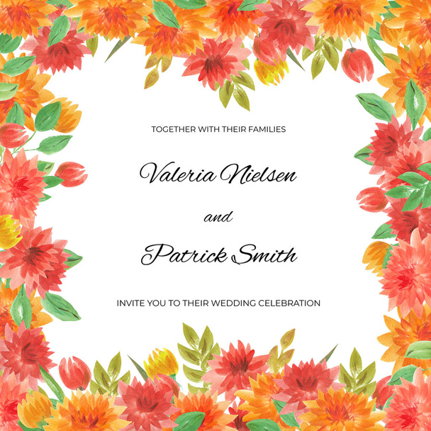 Watercolor őszi Dahlia keret esik virágok. Fel lehetne használni esküvői meghívások, őszi fesztiválok, értékesítési, üdvözlőlapok, vissza az iskolai kártyák és más őszi események. - Fotó, kép