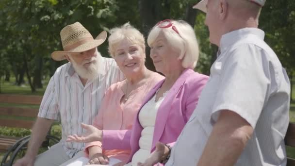 Two adorable mature couples talking and smiling sitting on the bench in the summer park. Double date of senior couples. Friendly company resting outdoors. Old men and women met together. Retired - Filmagem, Vídeo