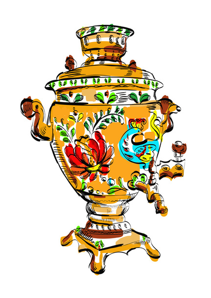 Ρωσική πολύχρωμο σαμοβάρι, διάνυσμα, σκίτσο, τσάι - Διάνυσμα, εικόνα