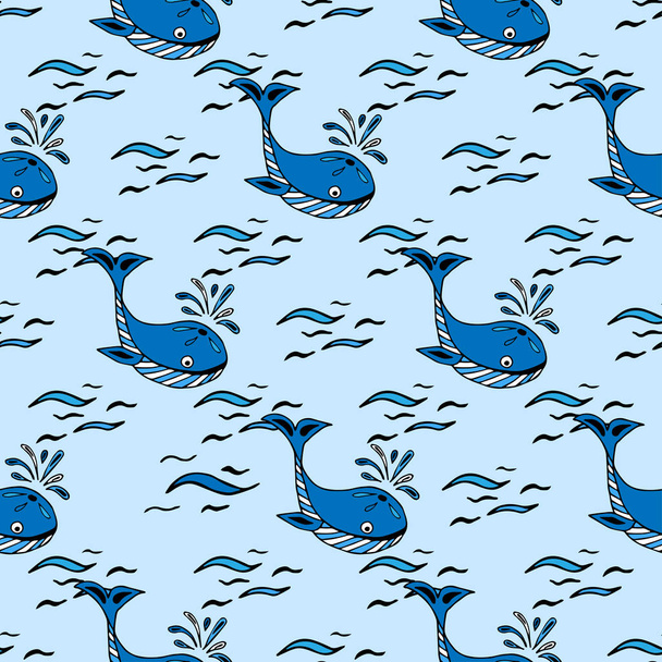 Seamless pattern with cartoon blue whales on pastel blue background  - Vektor, obrázek