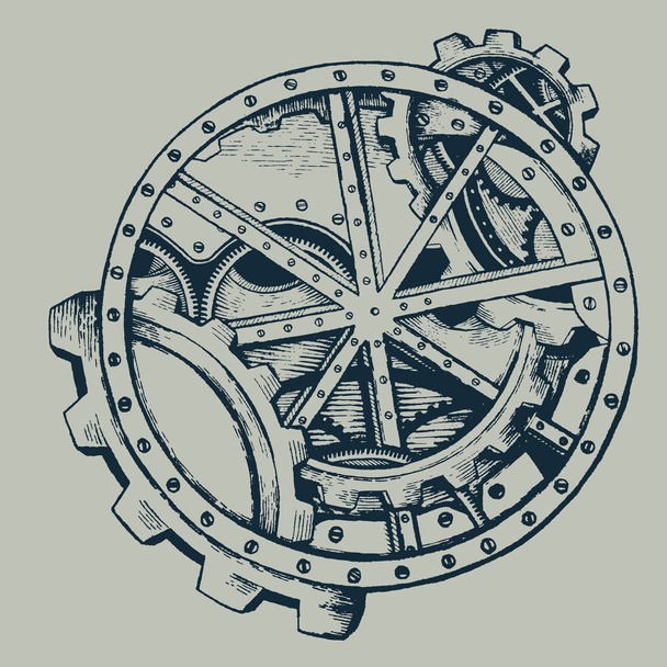 handgezeichneter Steampunk-Kreis-Hintergrund mit mechanischen Teilen, Zahnrädern, Steampunk-Zahnrädern. Vektorillustration - Vektor, Bild