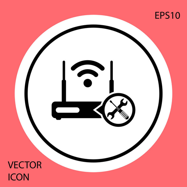 Zwarte router Wi-Fi met schroevendraaier en moersleutel icoon geïsoleerd op rode achtergrond. Aanpassen, service, instellen, onderhoud, reparatie, Fixing. Witte cirkel knop. Vector illustratie - Vector, afbeelding
