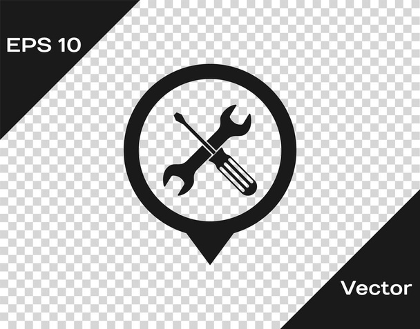Grey Location with crossed screwdriver and wrench tools icon isolated on transparent background. Pointer settings symbol. Vector Illustration - Vector, Image
