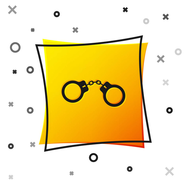 Чорні наручники ікона ізольовані на білому фоні. Жовта квадратна кнопка. Векторна ілюстрація - Вектор, зображення