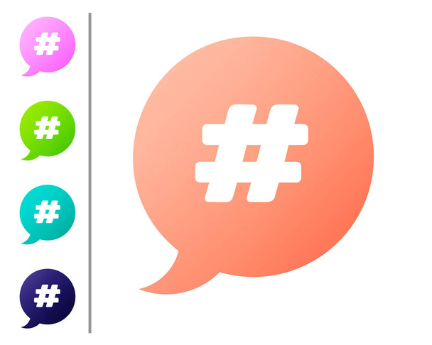 Icona a bolla vocale Hashtag Coral isolata su sfondo bianco. Concetto di segno di numero, social media marketing, micro blogging. Imposta icone a colori. Illustrazione vettoriale
 - Vettoriali, immagini