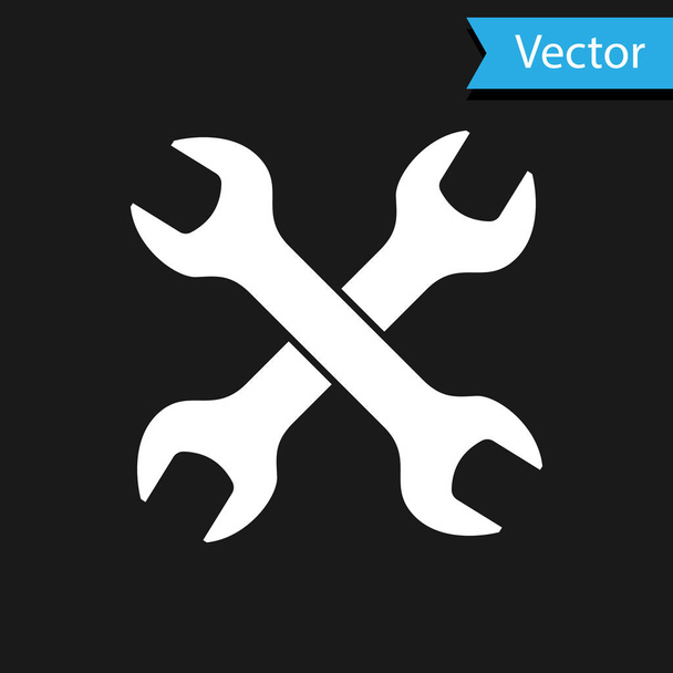 Fehér keresztezett wrenchs ikon izolált fekete háttér. Spanner javító eszköz. Szolgáltatási eszköz szimbólumát. Vektoros illusztráció - Vektor, kép